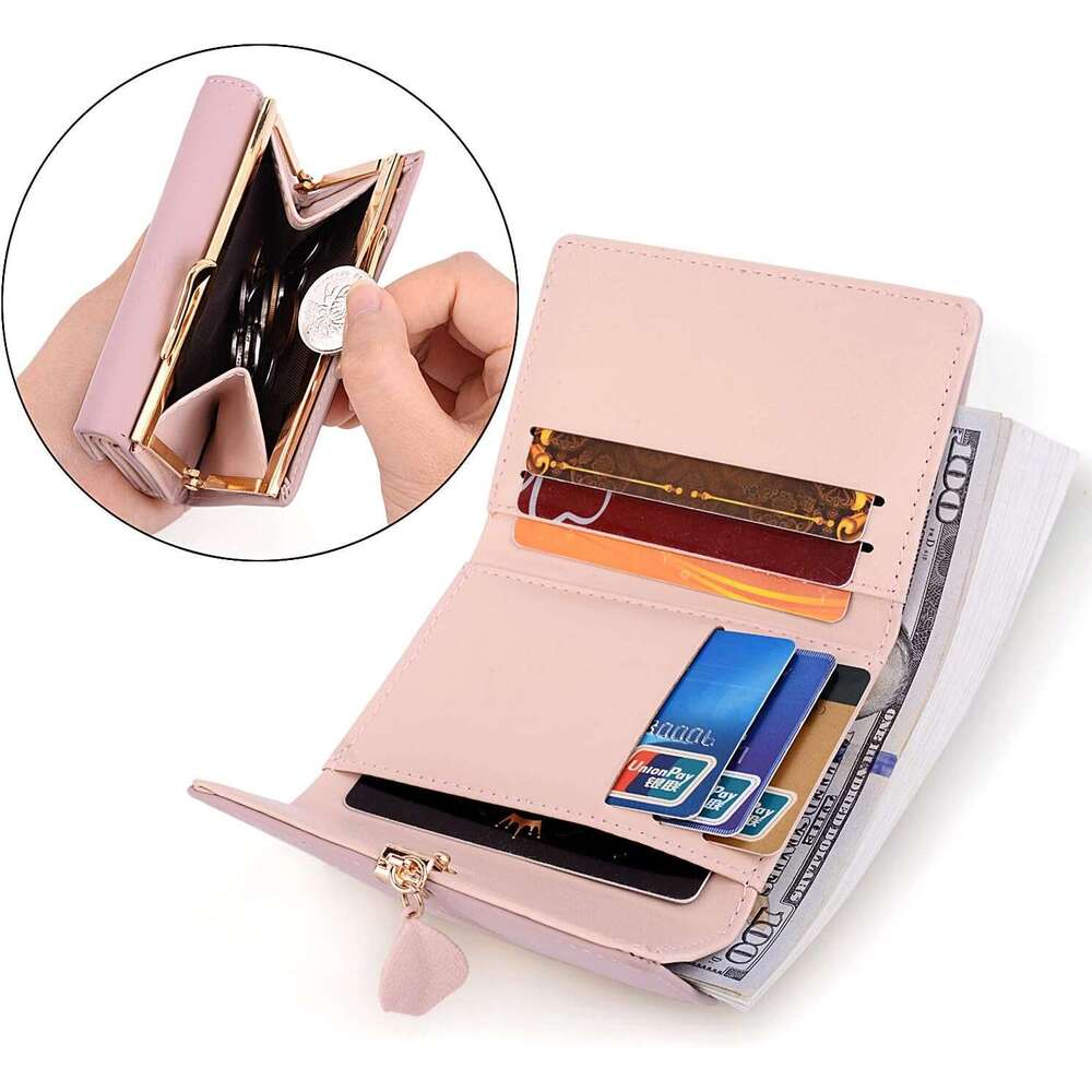 Small Wallet for Women PU Leather Leaf Pendant Card Holder Organizer Coin Purse A Pink