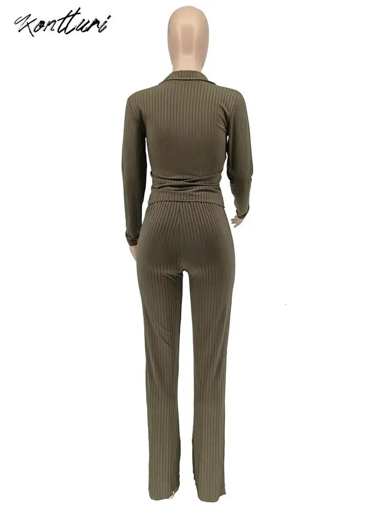 Kontturi Fall casual ribbed twopiece womens dress Vneck long sleeved top fashionable black solid pants matching set for women 241008