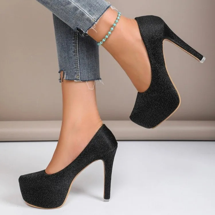 Spring and Autumn Womens Pump Shoes Sexy Sliding Round Insole 16CM Thin Boots Office Womens Office Professional Womens Shoes Black 241007