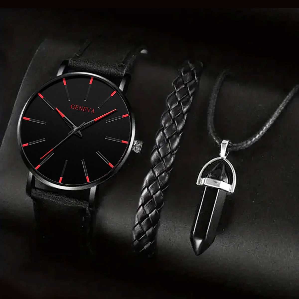3pcs Set Fashion Mens Watches Luxury Casual Leather Quartz Wristwatch Men Business Sports Wrist Watch Bracelet Necklace SetX241010