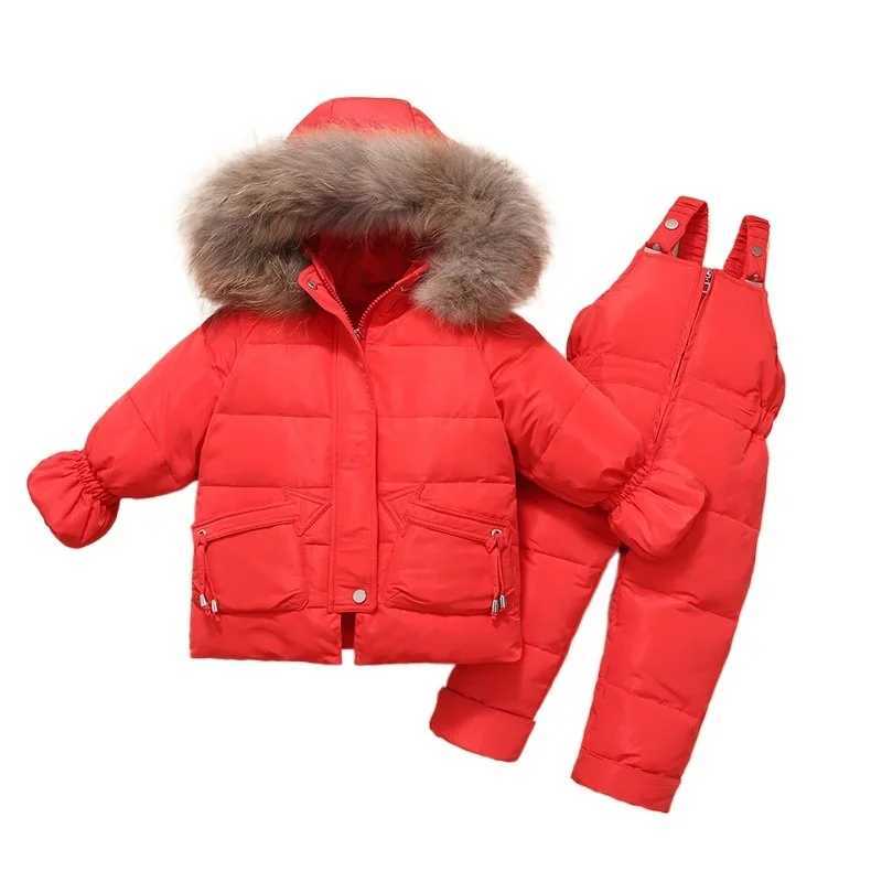 Down Coat Childrens snow jacket and winter thick set for toddlers hooded fur down jacket ski jacket and snow bib pants H241010