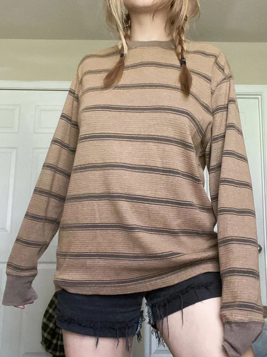 Women Fairy Grunge Knit Basic Shirt Autumn Y2K Grey Black Striped Long Sleeve Round Neck Tops Emo Tee 241010