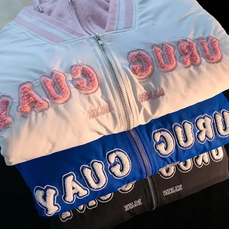 Womens comfortable warm jacket fake two piece thick womens loose retro hooded baseball jacket oversized winter cotton jacket 241009