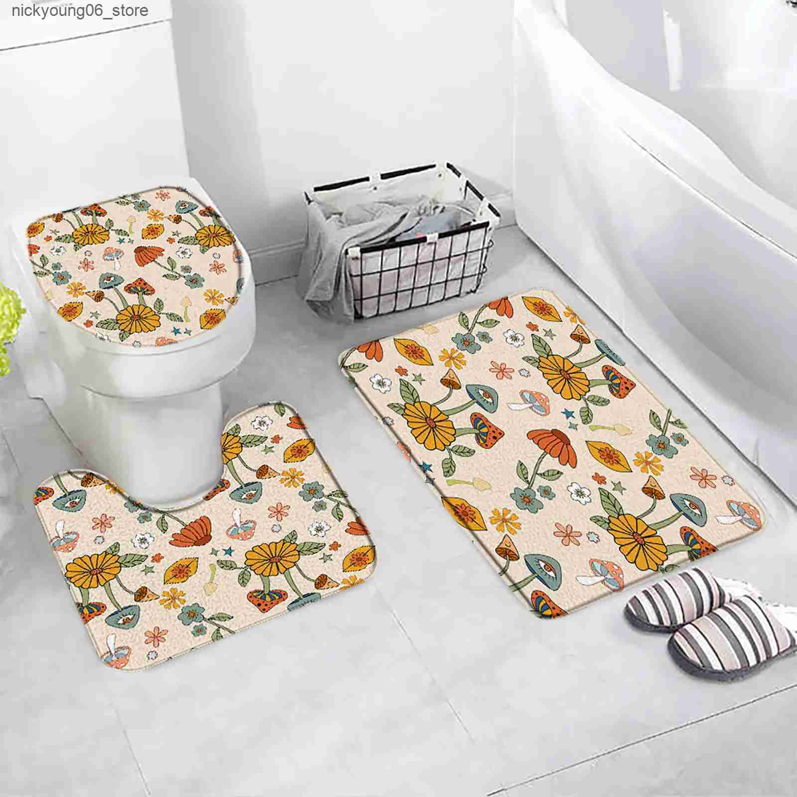 Non-Slip Bath Mats Vintage Mushroom Bath Mat Set White Daisy Floral Dragonfly Snail Green Leaves Plant Black Carpet Bathroom Decor Rug Toilet Cover L2