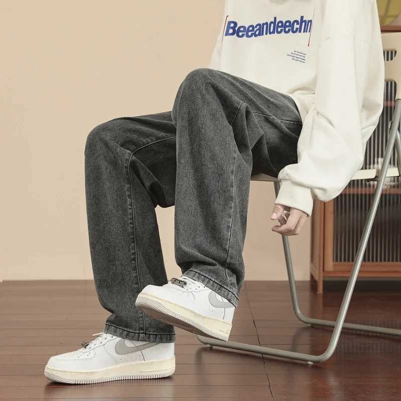 New Korean Fashion Mens Casual Ankle-Length Jeans Classic Man Straight Denim Wide-leg Pants Light Blue Grey Black 3XLX241009