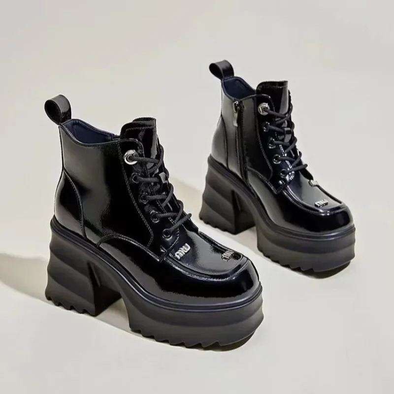 Winter Square Heel Womens Boots Lace Solid Color 2024 New Fashion Thick High Heels Gloss Ultra High Heels Womens Short Boots 240930