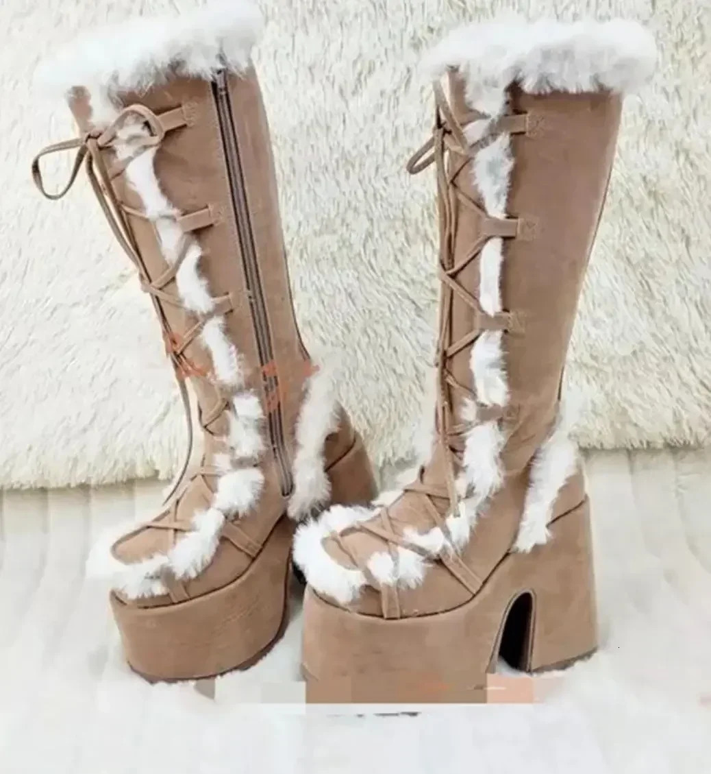 Winter Womens Snow Boots Platform Wedge High Heels Artificial Fur Womens Shoes Plush Warm Anti slip Mid calf Boots Gothic Shoes 241007