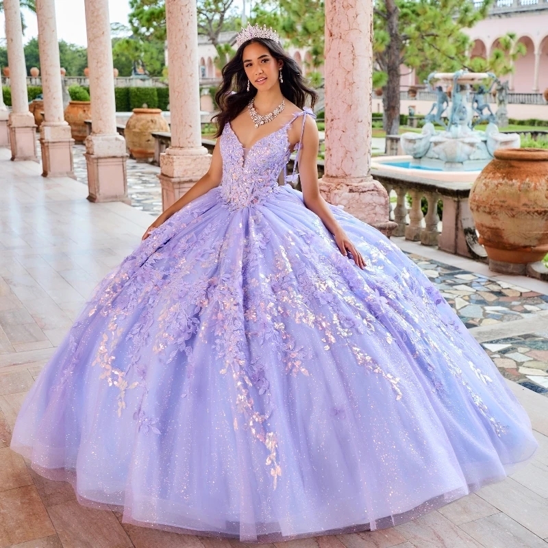 Lilac Shiny Sexy Spaghetti Strap Floral Gown Quinceanera Dress Sequin Applique Lace Beads Vestidos De 15 Anos Sweet 16 Dress