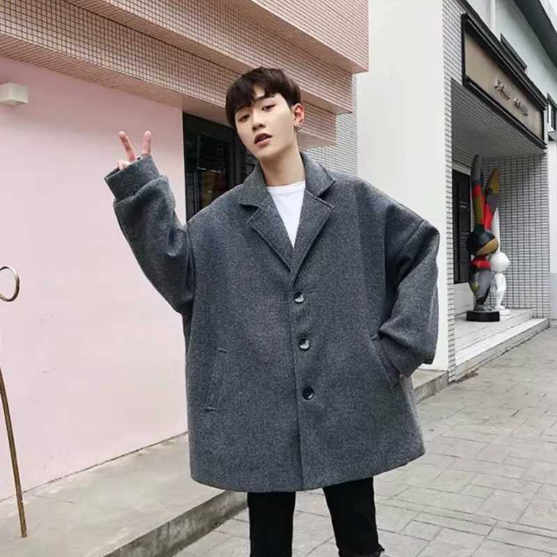 Woolen Coats Men Korean Trendy Loose Leisure All-match Solid Simple Warm Long Blends Mens Winter Clothes Oversize Ulzzang Chic LX241010
