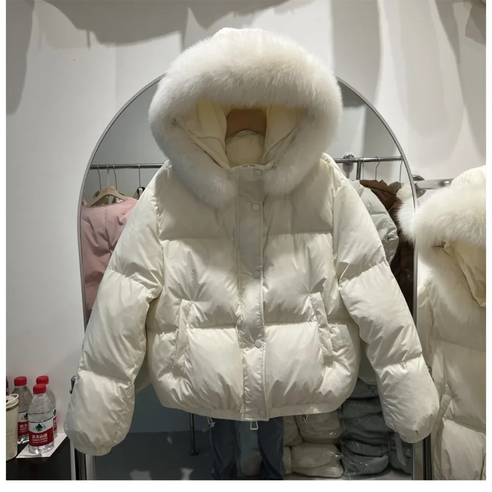 Real big fur collar hooded fur coat inflatable jacket fashionable white duck down jacket womens winter womens loose coat 241007