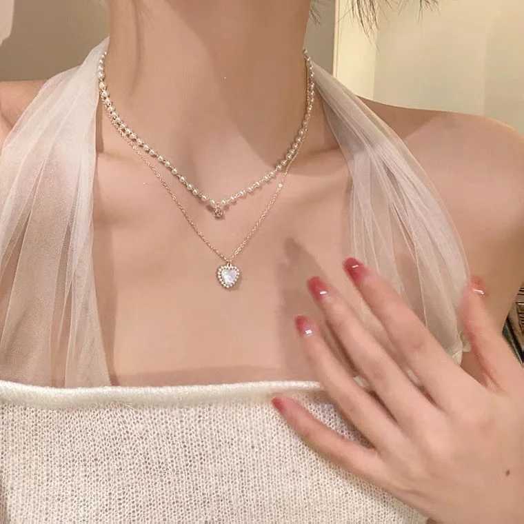 Fashion Cute Love Heart Shaped Pendant Necklace Pearl Chain Shiny Women 2023 Aesthetic Jewelry Choker Wedding Party Jewelry GiftX241009