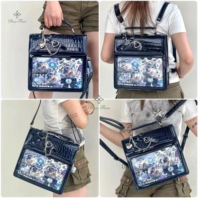Y2K Womens Gothic Backpack Kawaii Ita Bag Fashion Shoulder Cute Girl Transparent Pocket Cross Body DIY Badge Knapsack 241008