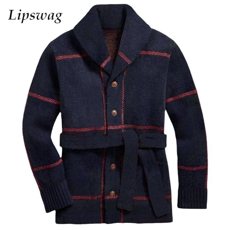 Vintage Striped Crochet Knit Coats For Men Autumn Winter Outdoor Casual Lapel Buttoned Sweater Jacket Mens Fashion Belt Sweaters 240907