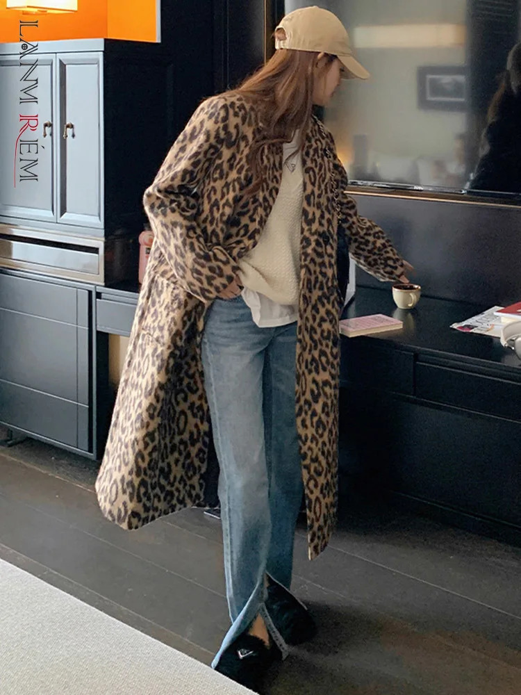 LanMREM Winter Leopard Wool Coat Womens Long Double Chest Fashion Street Clothing Clothing 2R7804 241007