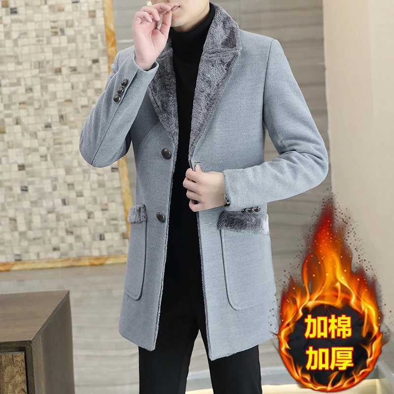 Fashionable high-end mens solid color casual handsome plus cotton thickened wool coat medium long woolen collar coat LX241010