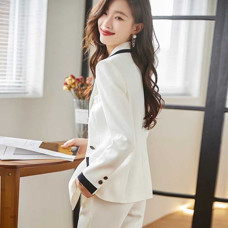 White green womens autumn winter pants set office womens formal business workwear 2-piece jacket and Trouser W241009