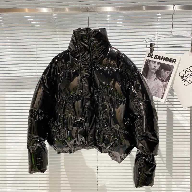 Men's Down Parkas Ultra fine short padded jacket womens stand up collar bread jacket winter warm thick clothing patented leather cardigan wool sw