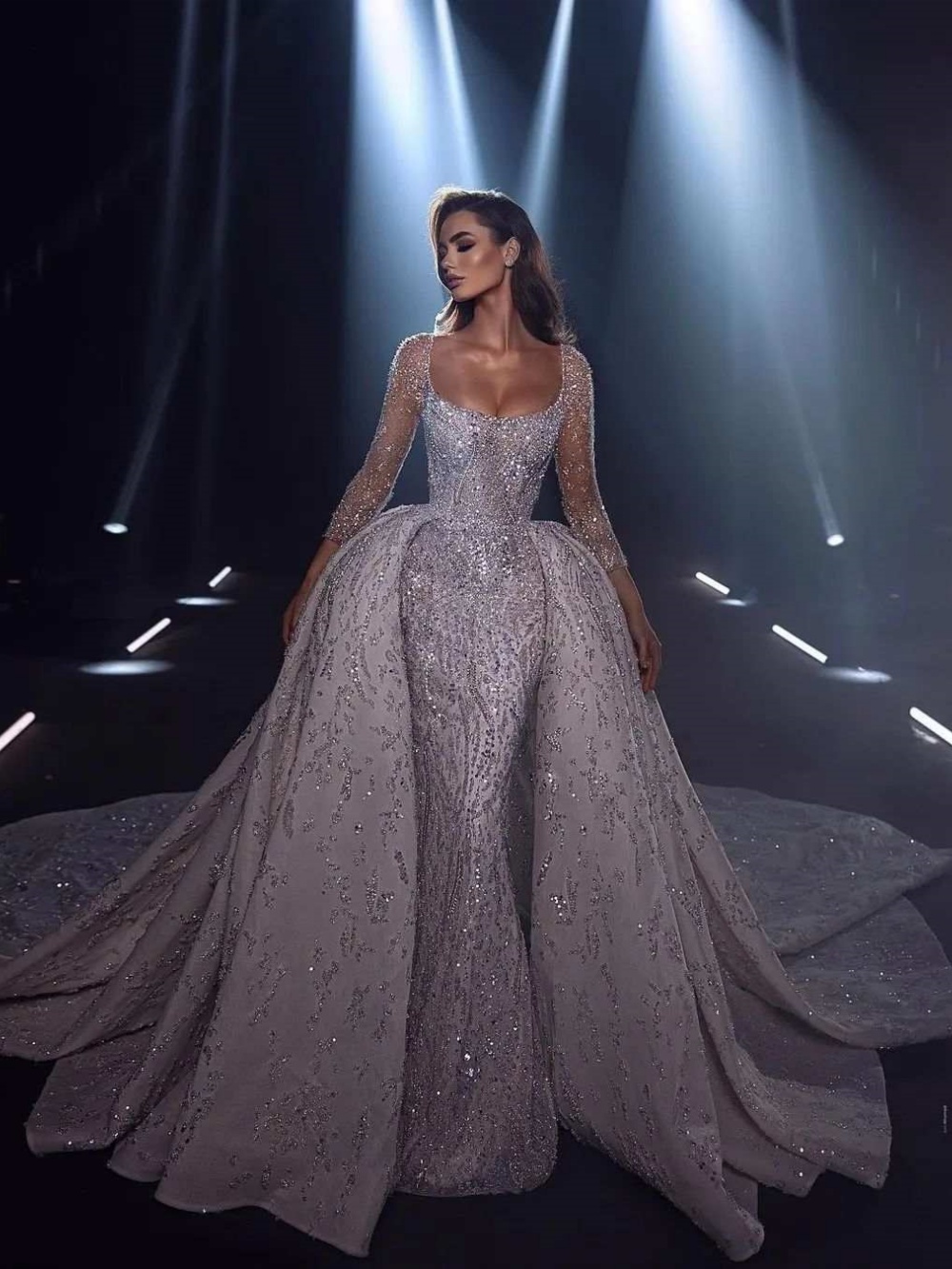 Luxury Mermaid Wedding Dress Crystal Beaded Sequins Long Sleeve Bride Gowns Detachable Sweep Train Bridal Dresses Custom Made