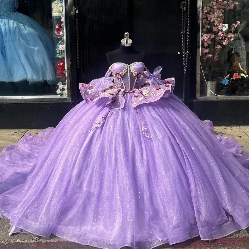 Lilac Shiny Quinceanera Dresses Lace Applique Tull Off The Shoulder Vestidos De 15 Anos Sweet 16 Party Birthday Gowns