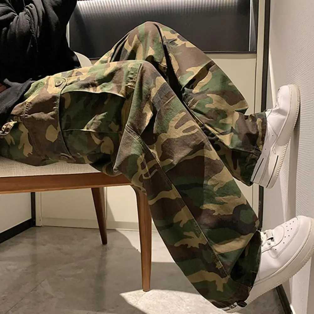 Mens straight wide leg pants camouflage jogging Trouser brushed elastic waist wide mens casual pants retro cargo pants W241009