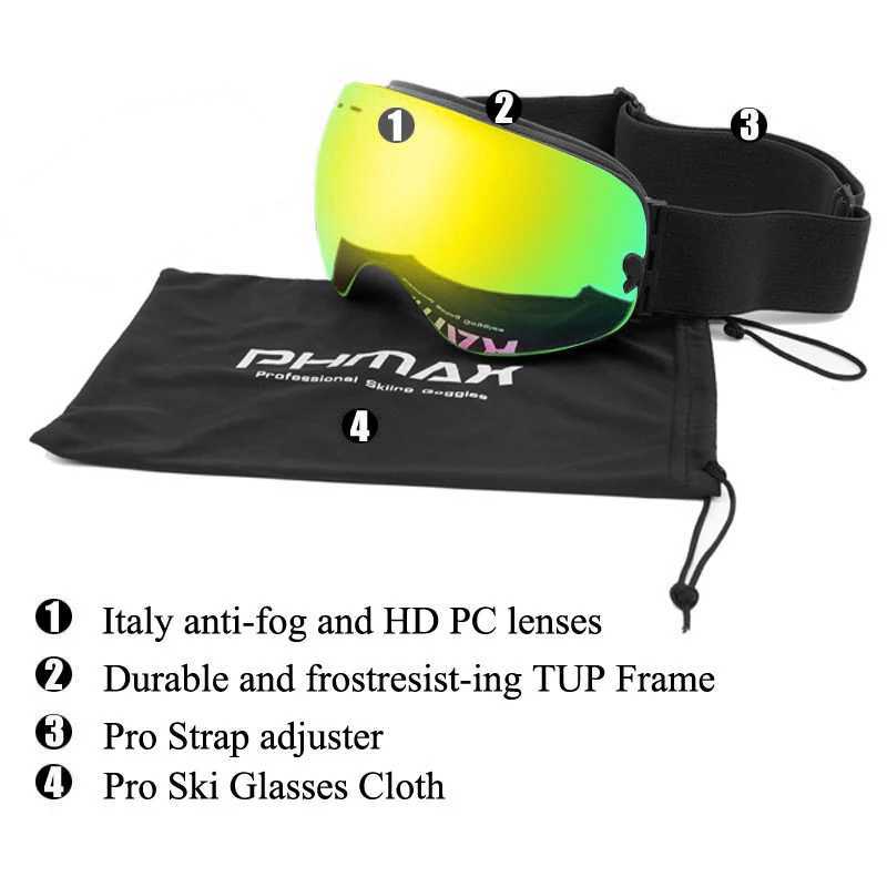 PHMAX ski goggles black gold mens ski goggles winter outdoor snow HD PC UV400 double-layer anti fog ski goggles CL241010