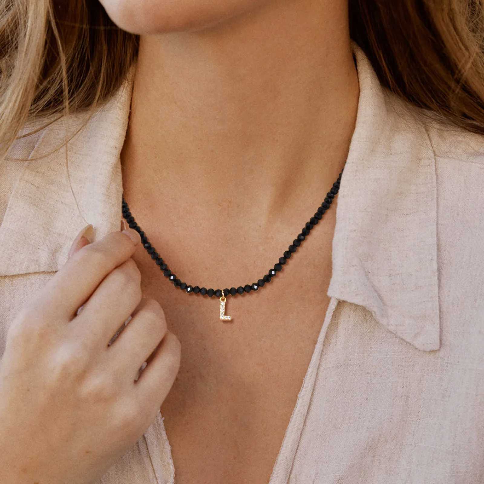 Vnox Gothic A-Z Initial Necklaces for Women Black Geometric Crystal Beads Choker 26 Letters Alpabet Stackable Chain NecklaceX241009