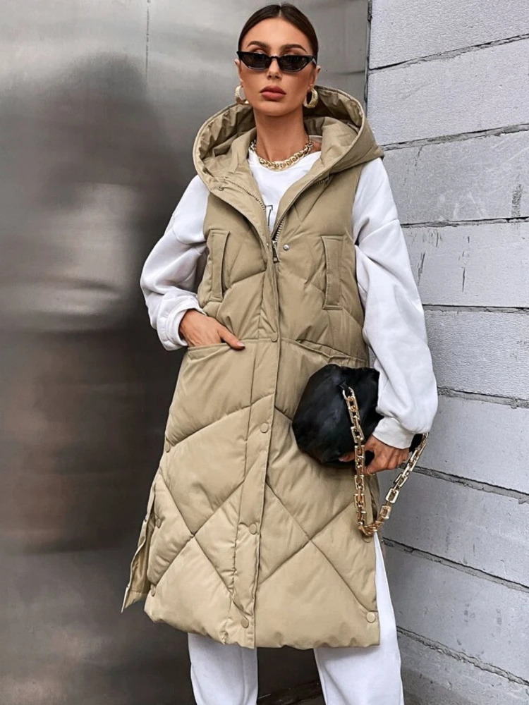Womens long puff jacket fashionable Korean vest jacket warm and thick autumn and winter long park casual loose jacket unprinted good product 240925