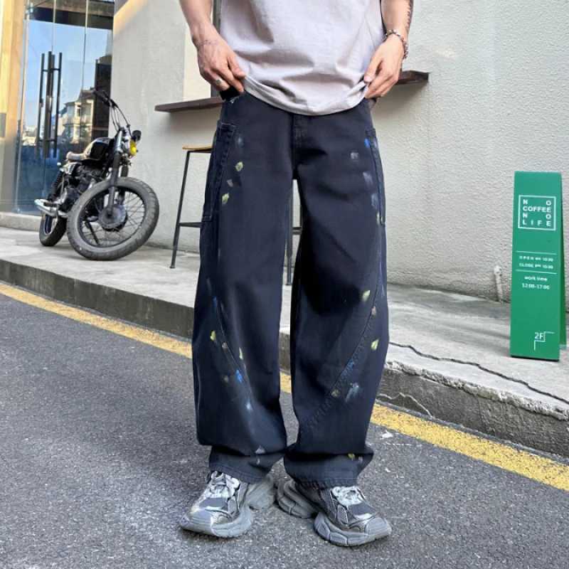 High-end personalized hand-painted loose jeans mens straight-legged wide-legged pants influx of mens denim male modelsX241009