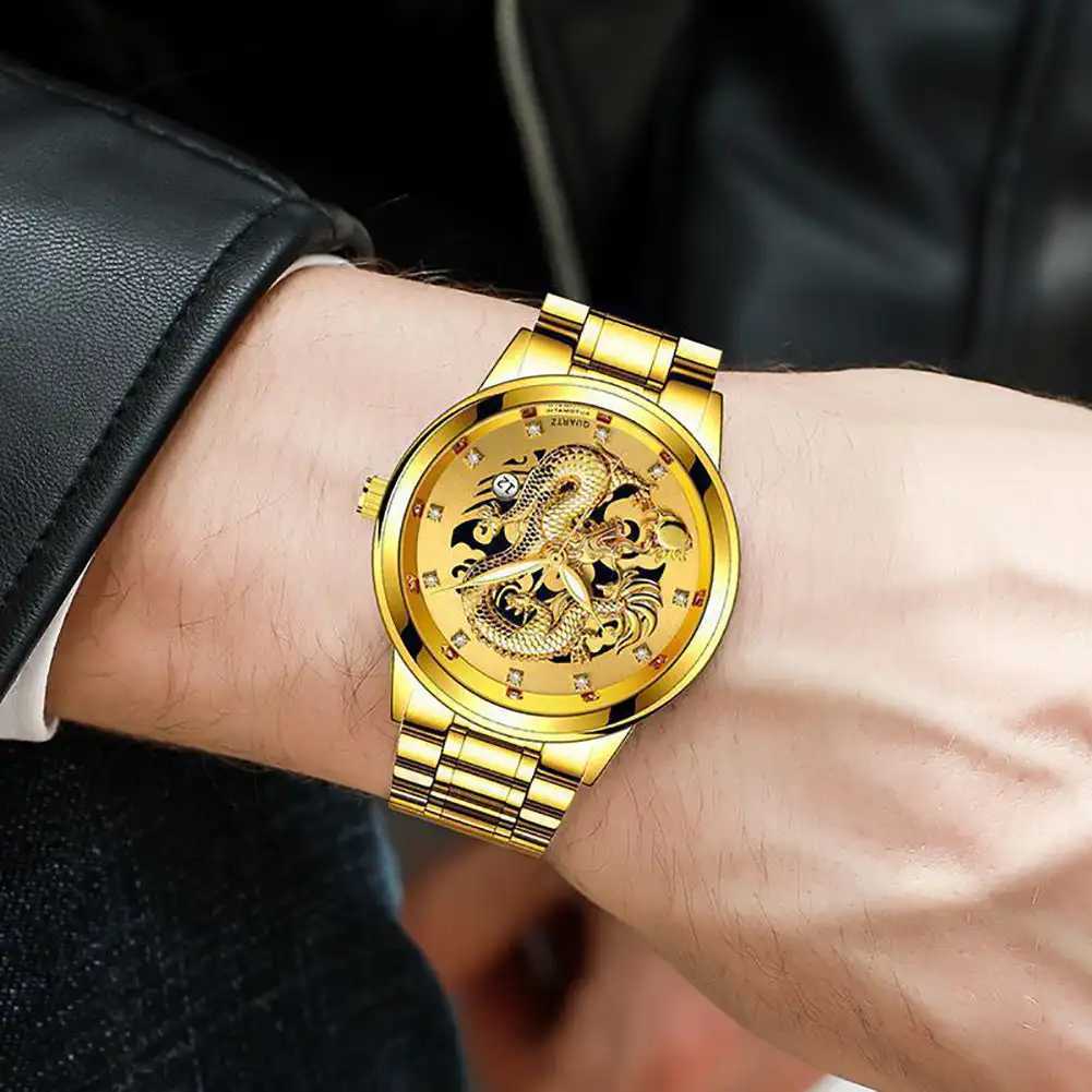 Luxury Delicate Trendy Men Fashion 3D Gold Dragon Calendar Watch Set Men Quartz Stainless Steel WatchesX241010