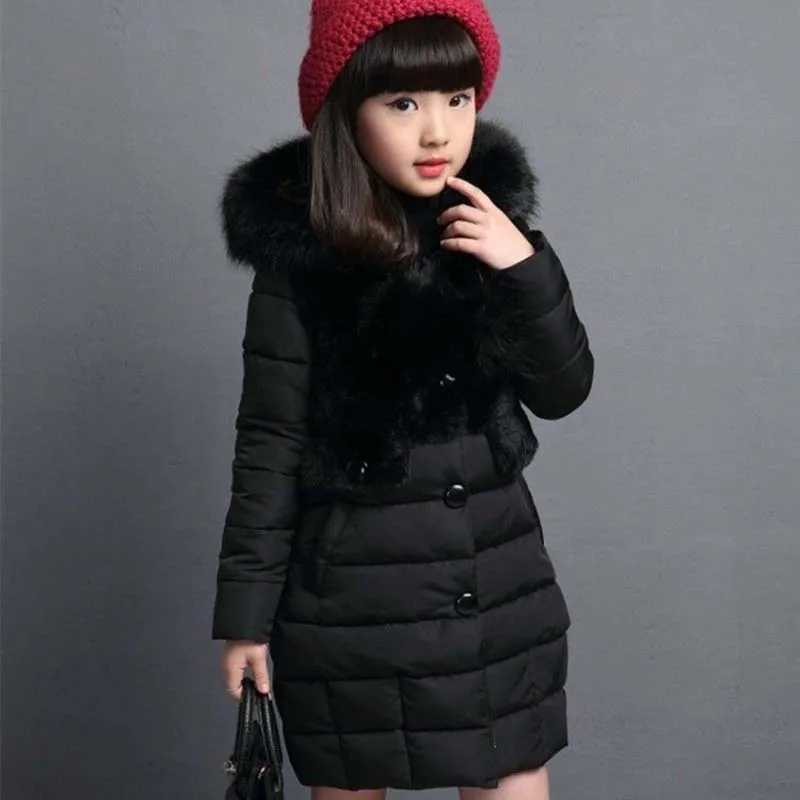 Down Coat 2024 Winter Girls Warm Jacket Fashion Fur Hoodie Childrens Waterproof Jacket Cotton Lining Park H241010
