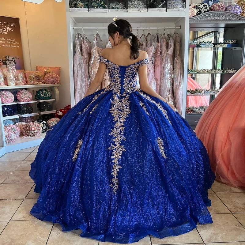 Blue Shiny Princess Quinceanera Dress Ball Gown Off the Shoulder Party Gold Applique Beads Sweet 16 Birthday Dress Vestidos 15 De Anos