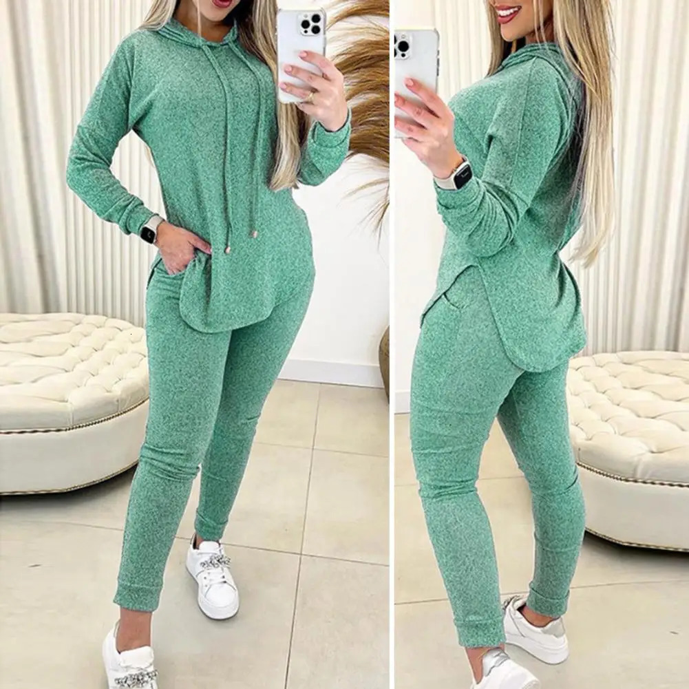 Womens loose fitting set fashionable womens hooded sweatshirt high waisted pants comfortable and casual spring 241007