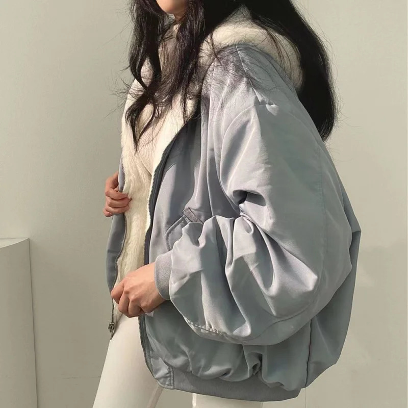 Thick double-sided Lambswool cotton jacket Korean Plus down womens jacket Winter zipper hooded cotton jacket Y2k 241009