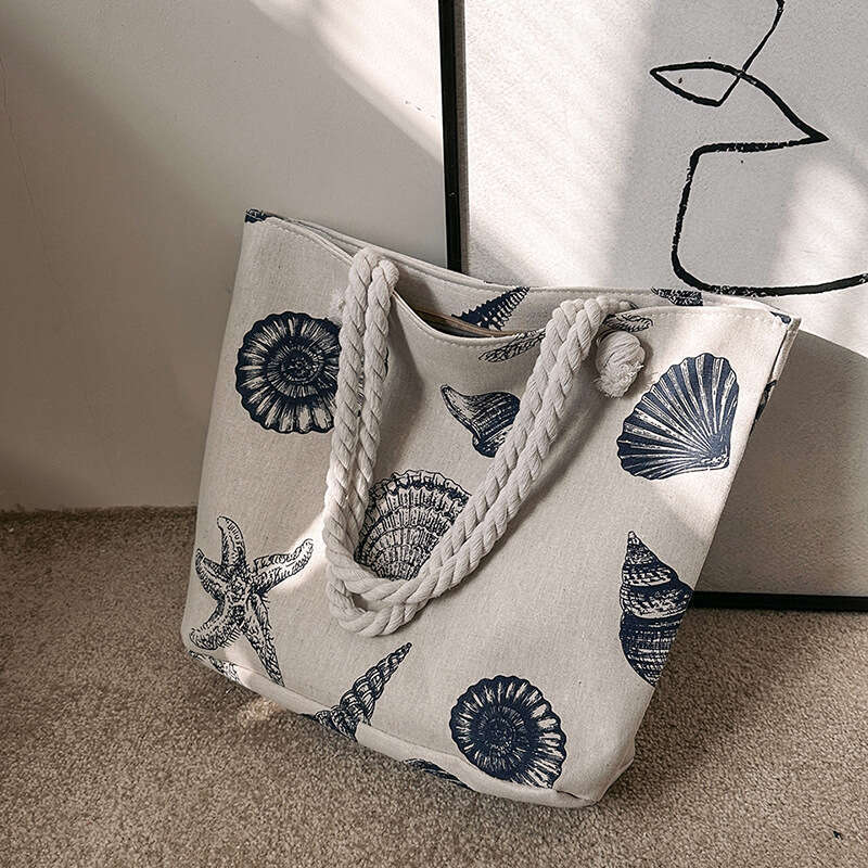 Creative printing large new casual and fashionable canvas women's bag, Korean version single shoulder diagonal cross thick rope beach bag