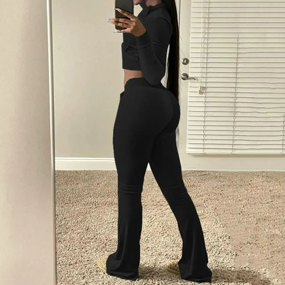 Exposed Navel Sportswear Solid Color Zipper Closed Sweatshirt Flash Pants Set Gym Clothing 241007