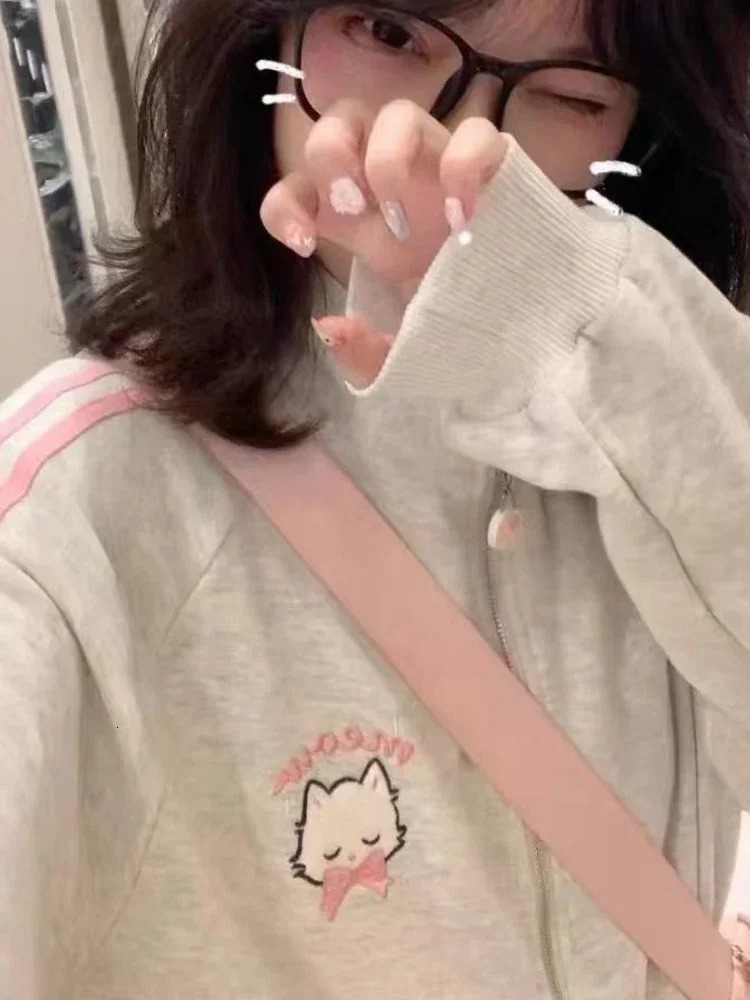 HOUZHOU Japanese Fashion Kawaii Zipper Hoodie Womens Harajuku Cute Pink Cat Embroidery Super Large Sweater Winter 241010