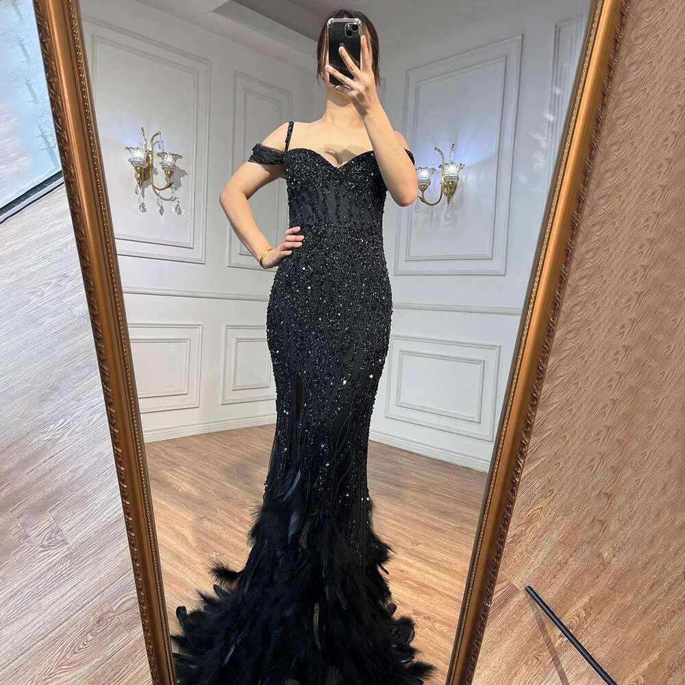 Serene Hill Green Mermaid Sexy High Split Off Shoulder Evening Dresses Feather Beaded Gowns Long 2024 For Women Party GLA71650A