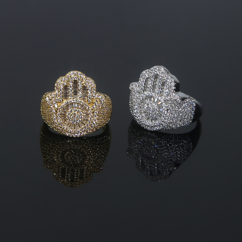 New Iced Out Micro Pave Bling 5A Cubic Zirconia Cz Band Rings Hip Hop Punk Hand Shaped Big Finger Jewelry for Men Women