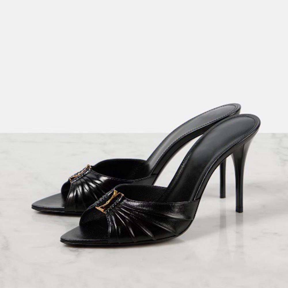 Genuine Leather Stiletto Heel Mules Stylish Slip-On Open Toe Sandals with Metal Buckle Decoration - 2024 Collection Z250610