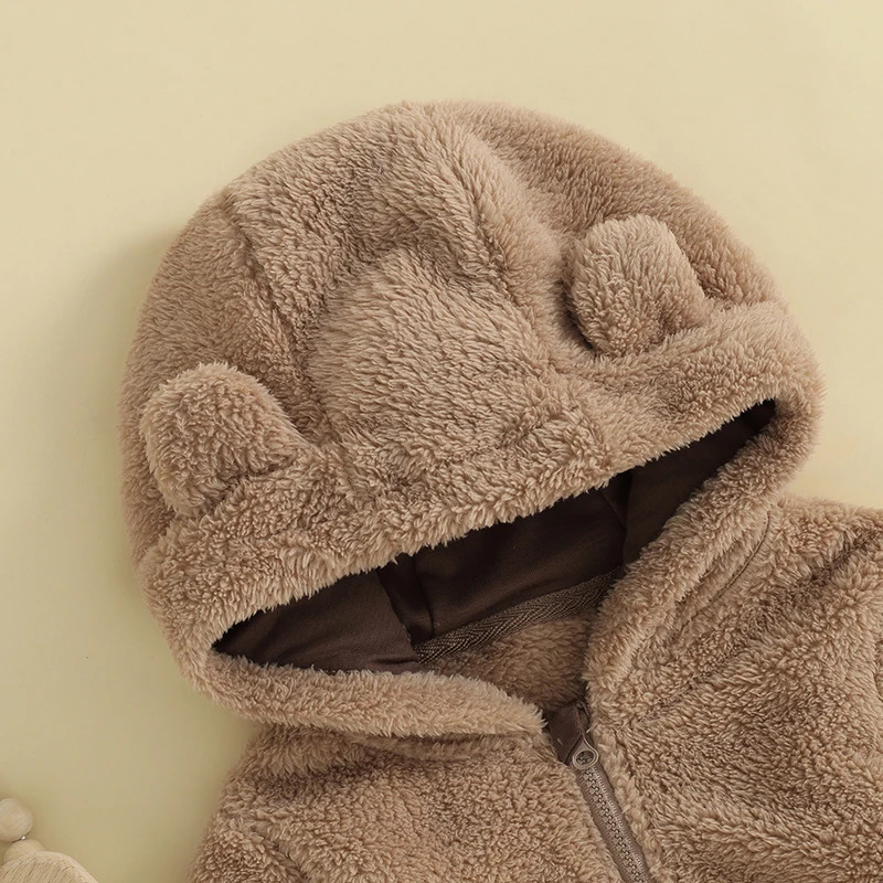 born Baby Girl Boy Solid Bear Ear Warmer Snowsuit Long Sleeve Fleece Hooded Romper Jumpsuit Soft Toddler Kids Winter Playsuit 241008