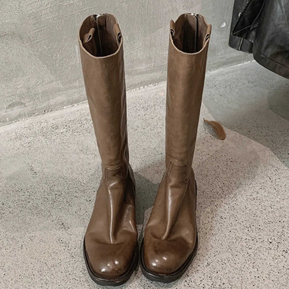 Autumn Winter Fashion Boots Leather Thick Heel Zipper High Long Ankle Boots For Womens Leather Knight Boots Women Shoes 240826