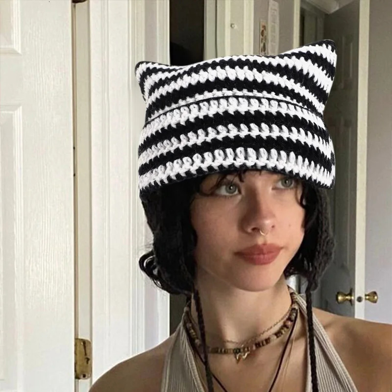 Cute Cat-eared Hand-crocheted Woolen Hat For Ladies Winter Imp Striped Korean Punk Gothic Casual Thermal Hat 241007