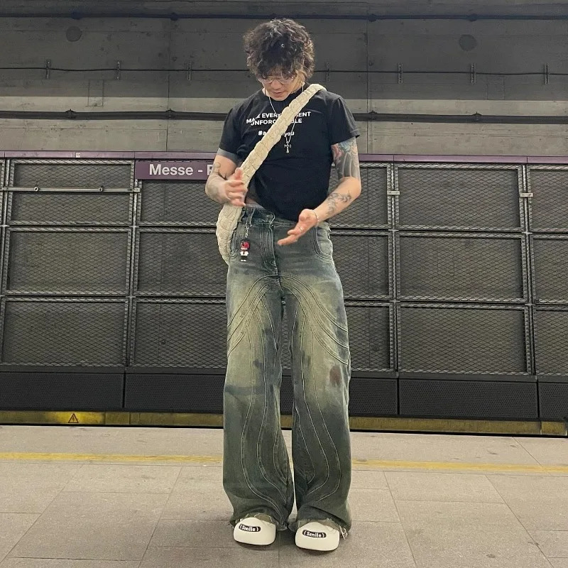 Y2K American Fashion Heavy Industry Blue Laundry Bag Jeans Mens Street Retro Hip Hop Pop Casual High Waist Wide Leg Pants 240929