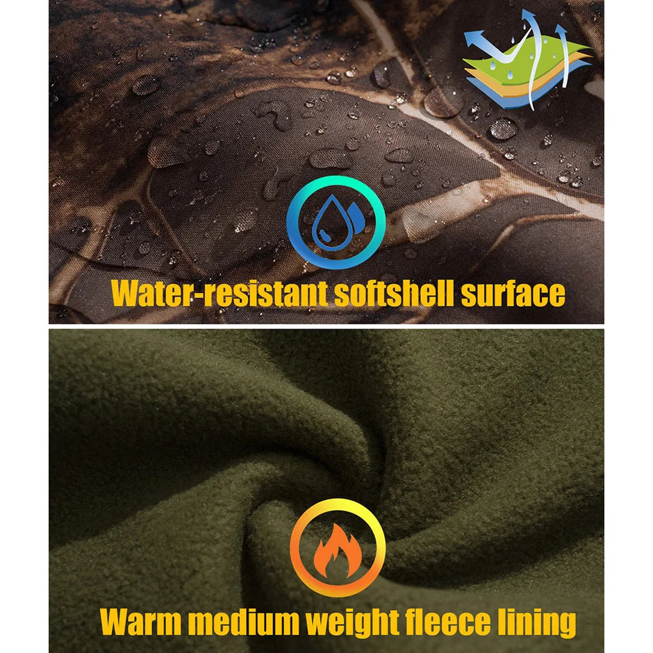 Mens silent soft shell camouflage tactical jacket waterproof and warm wool hunting jacket outdoor hiking and fishing hooded jacket 241009