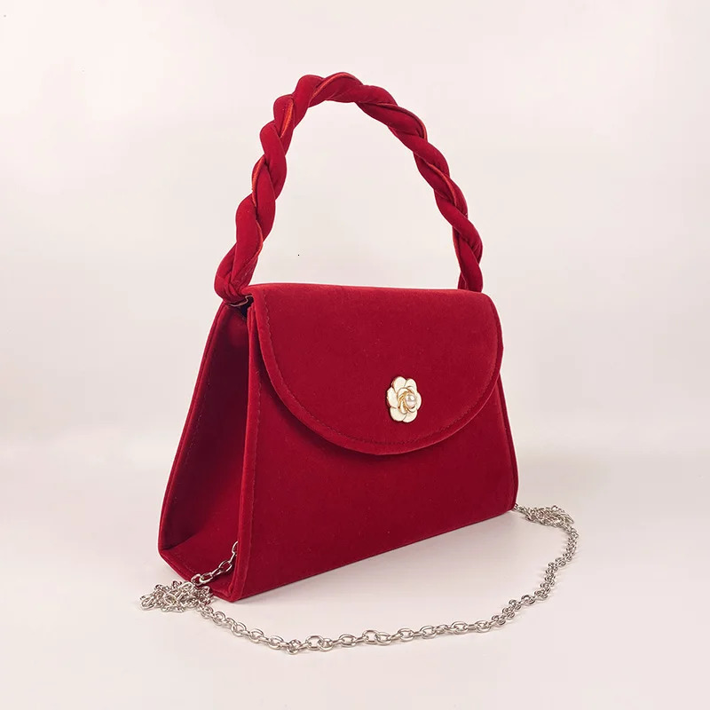 Red retro high-end wedding bag bridal bag camellia handbag fashionable one shoulder cross shaped bag 241008