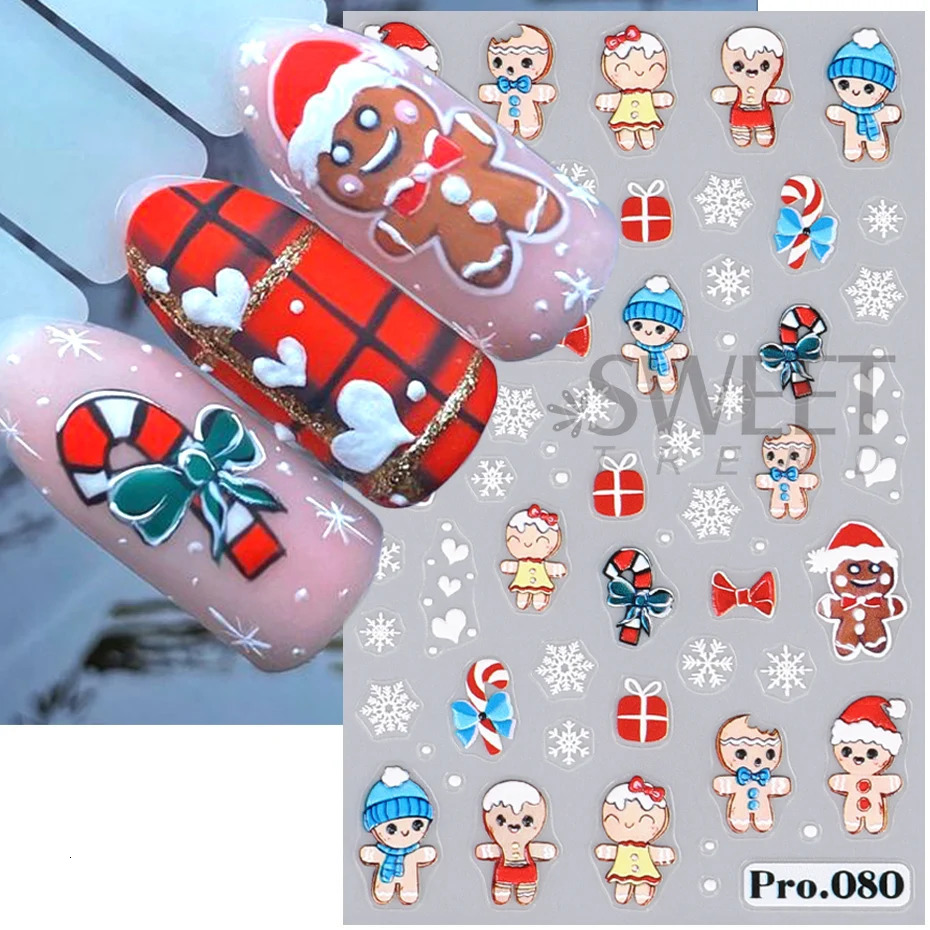 Cute Deer Christmas Nail Stickers 5D Embossed Elk Stars Gingerbread People Snowflake Santa Claus Holly DIY Winter Carving Handicrafts 241008