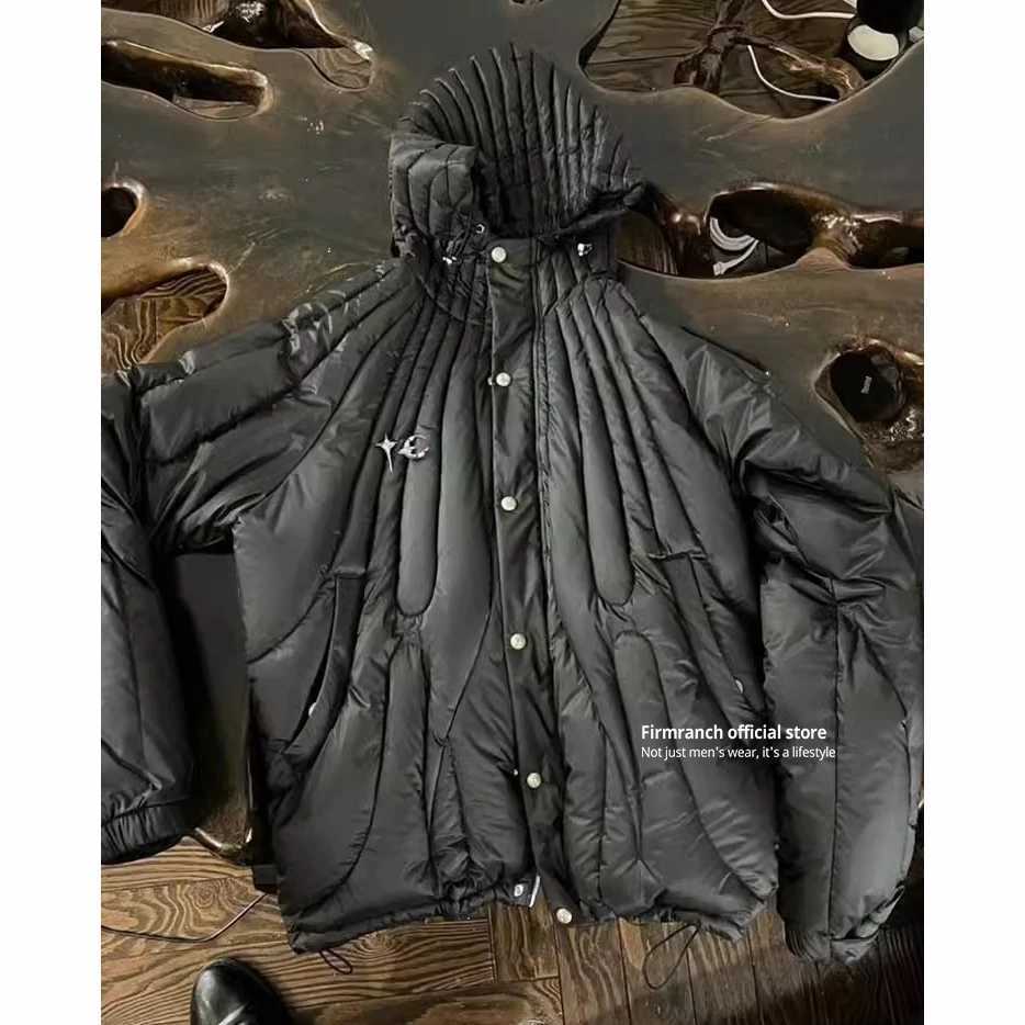 Men's Down Parkas Firmranch New Star Moon Metal Buckle Black Hooded Puffer Jackets For Men Women Strtwear Full Zip Up Down Coat Winter Parkas Y24