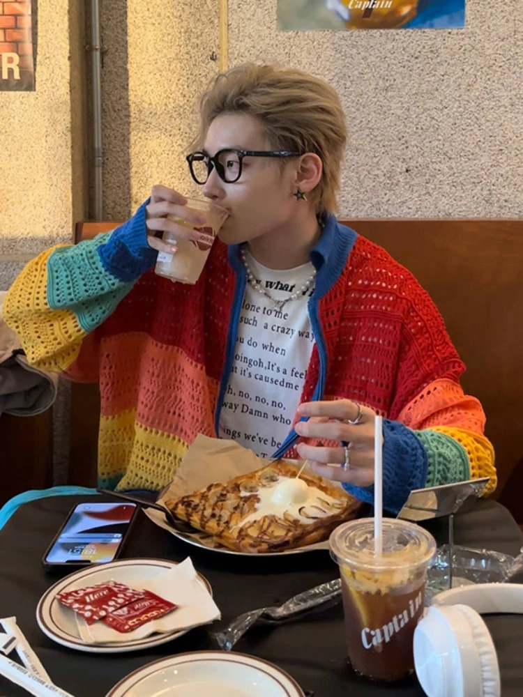 Colorful cardigan mens loose Japanese style street handsome Y2k aesthetic fully matched spring and summer unisex fashion casual 241007