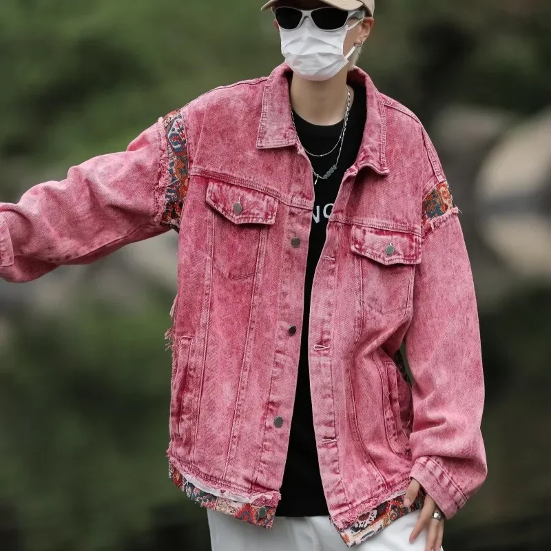 Fashion denim jacket for men and women Hong Kong style spring and autumn sexy red unique edge workwear jacket 241007
