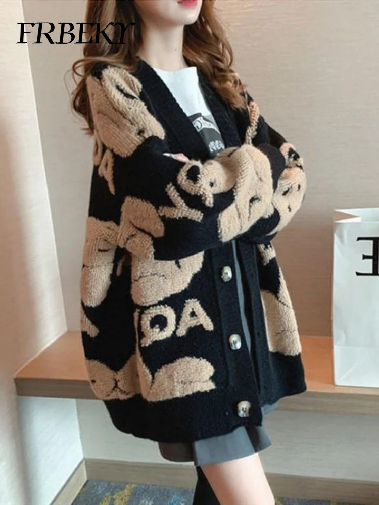 Cardigan Women Fashion Casual Sweater Jacket Loose Knitting Warm Cartoon Embroidery Vneck Jumper Knitted 241007